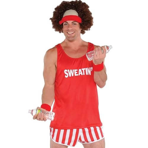 Red Fitness Instructor Costume Set - Adult Standard Size Workout Outfit (Includes Red Wig, Headband and Wristbands) - Ideal for Costume Parties, Gym Workout Sessions, Fitness Events & More, Pack of 3