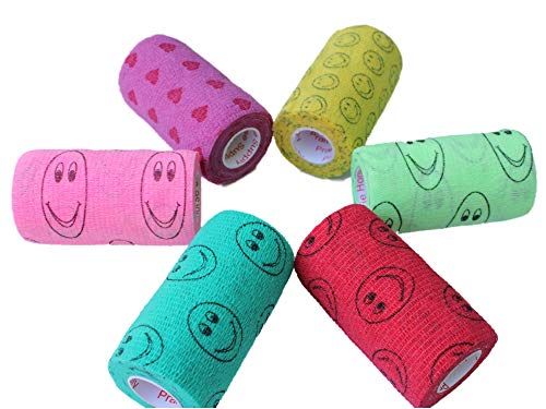 Image of 4 Inch Vet Wrap Tape Bulk (Assorted Patterns) (Pack of 6) Self Adhesive Adherent Adhering Flex Bandage Grip Roll Dog Cat