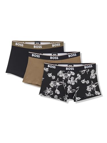 BOSS Men's 3-Pack Multi Design Bold Logo Trunks, Black Flowers/Khaki Green/Black, S