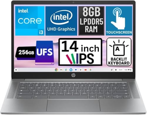Image of HP 14 inch Touchscreen FHD Chromebook Plus Laptop Bundle, Intel Core i3-N305, 8GB LPDDR5 RAM, 256GB UFS Storage, Includes Sleeve & Wireless Mouse, Chrome OS