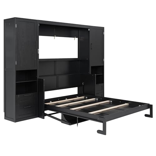 Image of Merax Queen Size Murphy Bed with Desk, Multifunctional Foldable Wall Bed with Closet, Drawers and Shelves, Space-Saving Wood Bed Frame for Small Space Studio Study Office Guest Room, Black(Oak Veneer)