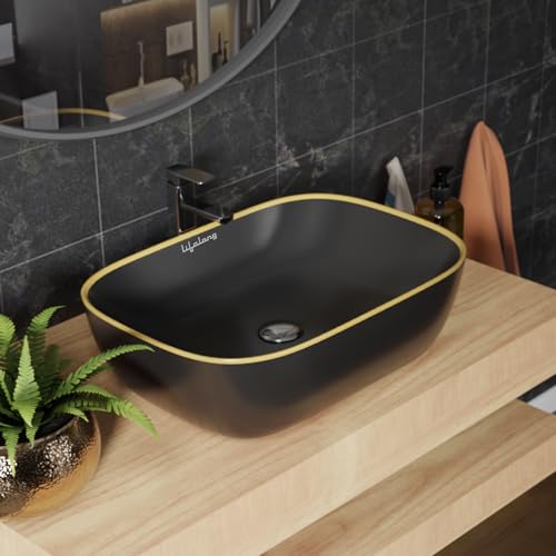 Image of Lifelong Wash Basin for Bathroom - Tabletop Washbasin - Ceramic Glossy Round Countertop Vessel Sink Ideal for Bathroom, Dining Hall & Vanity 33x46x16 cm (Black, LLHIBM05)