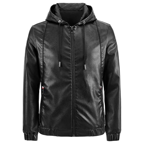 Men's Solid Hoodie Leather Jacket Slim Fit Zip Pocket Male Leathers Coat Bomber Zipper Motorcycle PU Jackets