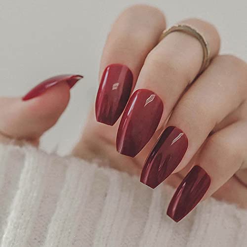 Obmyec Coffin Red Press Nail Long Glossy Fake Artificial False Full Cover Clip on Nails for Women and Girls (24Pcs)