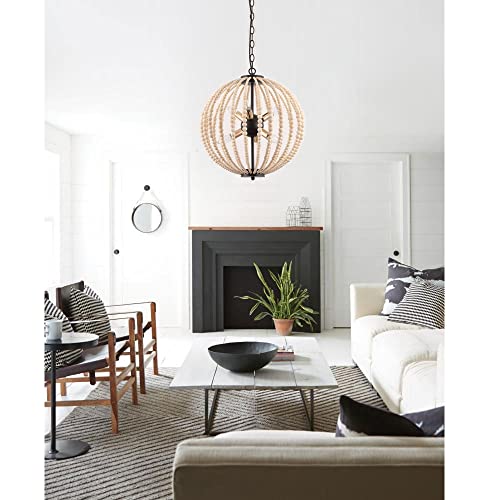 6-Light Boho Wood Beaded Pendant Light Candle Style Globe Chandelier White Finishing for Bedroom, Kitchen Island - Image 6