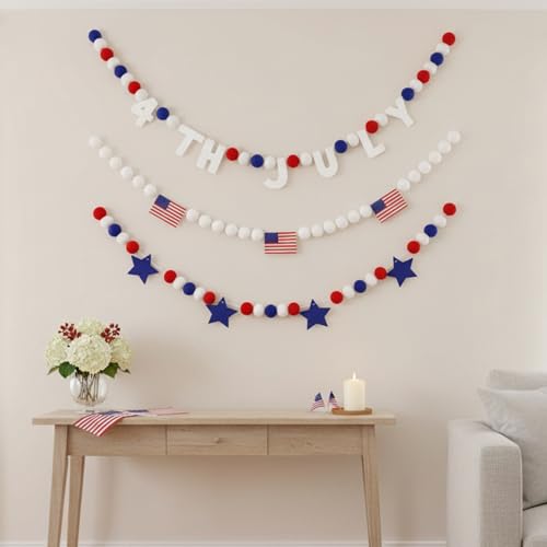 Image of Tatuo 3 Pcs 20.67 ft 4th of July Garland Patriotic 250th Anniversary Star Pompom American Flag Banner Red White Blue Pom Ball Hanging Garland for Independence Day Memorial Day Decor