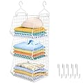 X-cosrack 3 Tier Foldable Closet Organizer, Clothes Shelves with 5 S Hooks, Wall Mount&Cabinet Wire Storage Basket Bins, for Clothing Sweaters Shoes Handbags Clutches Accessories-White Patent Design