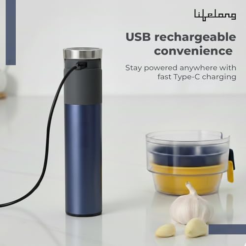 Image of Lifelong Rechargeable 2000mAh Electric Chopper for Kitchen Use| 800ml Glass Bowl | 3x200ml Bowls with Attachments for Vegetable, Onion Chopper, Meat Mincer & Garlic Peeler | Stainless Steel Blades