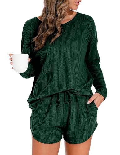 Image of PrinStory Womens Waffle Knit Pajama Sets Long Sleeve Top and Shorts Matching 2 Piece Lounge Set Loungewear with Pockets