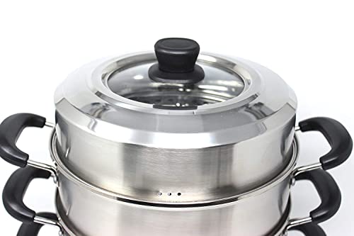 Image of Non Electric Momo Steamer Stainless Steel Cookware 3 Tier with Lid Induction Base /Gas Burner Momo maker, Pasta Steamer, Vegetable Steamer, Momo Steamers, Rice Steamer 32 cm