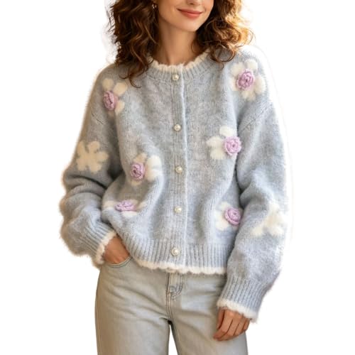 Image of FindThy Women's Kawaii 3D Floral Cardigan Long Sleeve Crewneck Knit Cardigan Sweaters