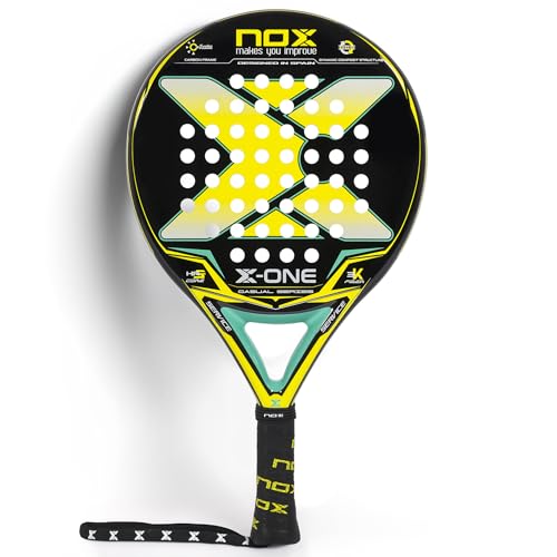 NOX - Pala de Pádel X-One Yellow/Green Ex - Superficie Rugosa y Forma Redonda - Fibra de Vidrio 3K Ambas Caras y Goma HR3 - Nivel Intermedio - Peso 360-370 gr - Ancho 38mm - Color Amarillo