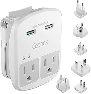 World Travel Adapter Kit by Ceptics - QC 3.0 2 USB + 2 US Outlets, Surge Protection, Plugs for Europe, UK, China, Australia, Japan - Perfect for Laptop, Cell Phones, Cameras - Safe ETL Tested