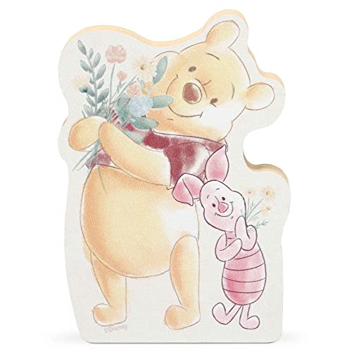 Image of Disney Winnie the Pooh and Piglet with Flower Bouquet Shelf Sitter Decor | Chunky Wood Block Decoration for Home or Office