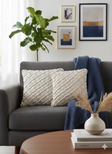Image of Beautifull and Luxurious Handmade 100% Cotton Macrame Cushion Cover 16 inchx16 inch inch in Natural White Colour | Boho Cushion Cover in Premium Canvas Duck Fabric (2, WDM476)