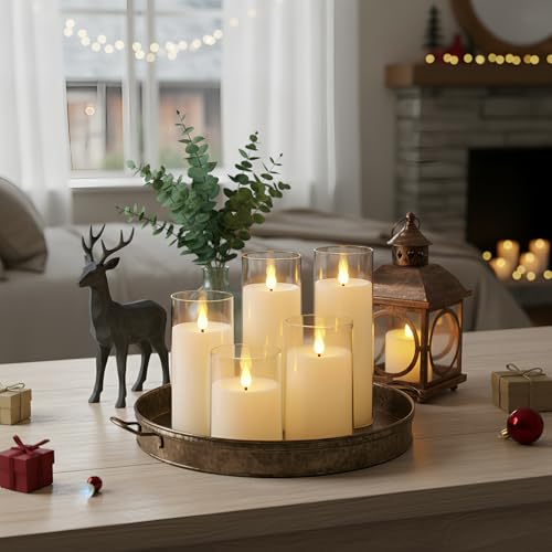 Image of Homemory Ivory White Flickering Flameless Candles, Battery Operated Acrylic LED Pillar Candles with Remote Control and Timer, Set of 5