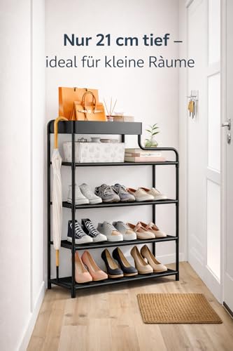 Generisch Schmales Schuhregal Metall schwarz 60 x 21 x 78 cm, 60 cm breit, platzsparender Schuhständer für Flur, Eingang und schmale Räume, Schuhablage für leichtes Schuhwerk, kompakte Aufbewahrung