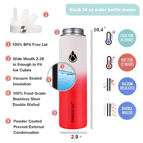 Image of SENDESTAR Stainless Steel Wide Mouth Water Bottle 24oz Double Wall Vacuum Insulated Leak Proof Bottle with New Flex Straw Lid & Spout Lid