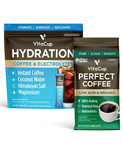 Vitacup Hydration Instant Coffee Sticks W/Electrolytes, Coconut Water, Medium Roast 18Ct & Perfect Low Acid Dark Roast Ground Organic Coffee, Single Orgin, Fair Trade, 11Oz #TOP19