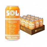 Sol Energy - Natural Energy Drink - Healthy Sugar Free Formula - Naturally Sweetened with Stevia and Monk Fruit - 150mg of Caffeine - Low Calorie - Peach Mango Flavor – 16oz cans (Pack of 12)