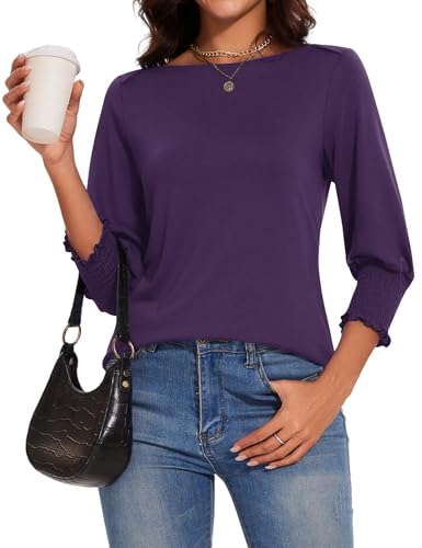 IECCP 3/4 Length Sleeve Womens Tops Summer 2025 Fashion Trendy Boat Crew Neck Smocked Work Dressy Casual T Shirt Blouses2