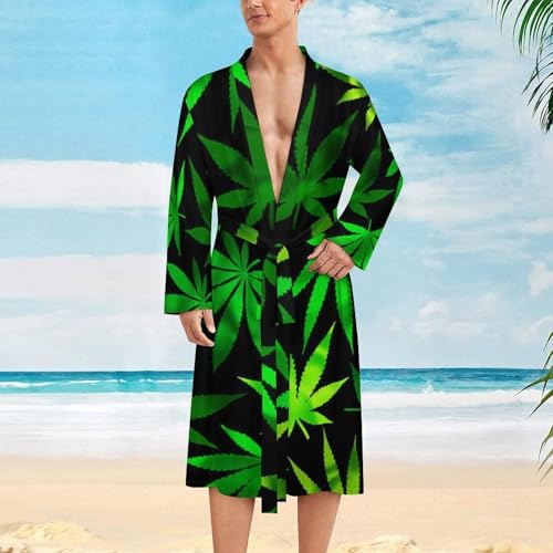 Weed Leaf Mens Summer Robes Lightweight Bathrobe Bath Robe Knee Length Shawl Collar Loungewear2
