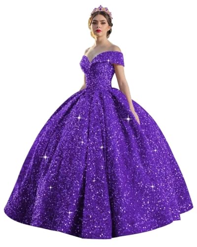 Women's Sparkly Sequin Quinceanera Dresses Off Shoulder Long Ball Gown for Birthday Party Pleated Sweet 16 Dresses