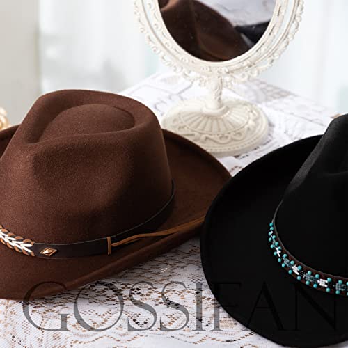 Gossifan Western Cowboy & Cowgirl Hat Felt Wide Brim Women Men Fedora Hats-B Belt Coffee #TOP5