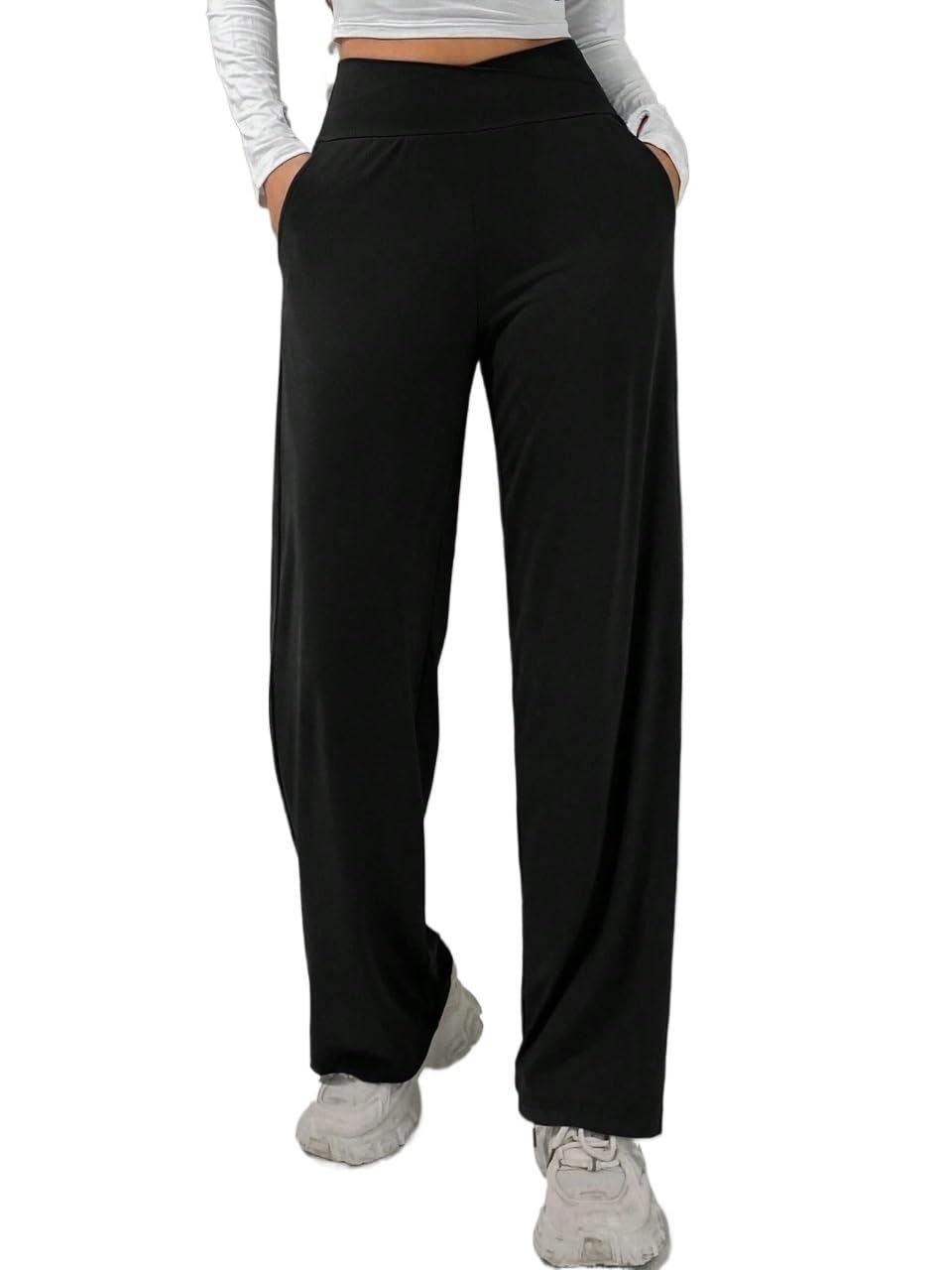 Womens Fall Long Wide-Leg Pants with Cross High Waist Summer Trousers Black