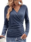 EasyGala Womens V Neck Long Sleeve Shirts Sexy Wrap Ruched Tops Cute Fitted T Shirts Navy Blue XX-Large