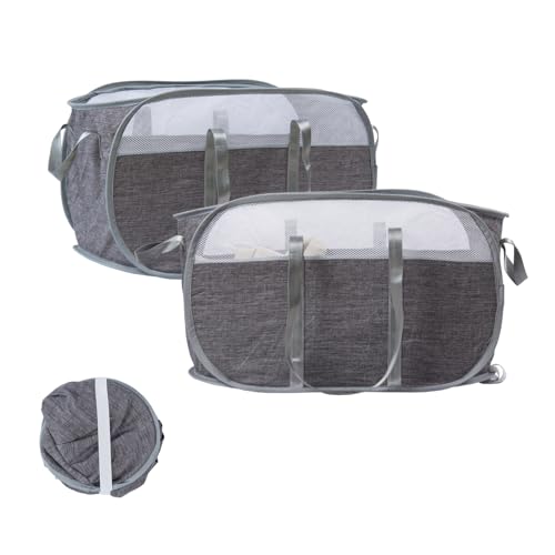 HEDONLEE 洗濯カゴ 洗濯かご 折りたたみ 破れにくい 横型 ランドリーバスケット 70L 大容量 強化されたハンドル メッシュ ランドリーバッグ ランドリーボックス 洗濯籠 洗濯物入れ 収納 超軽量 旅行 持ち運び可能 (グレー, 新しい横型-2個入)