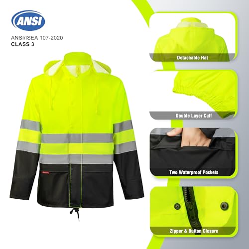 ProtectX Class 3 High Visibility Rain Gear for Men Waterproof, Hi Vis Reflective Safety Rain Jacket Pant Suits Workwear, Lime Green - X Large