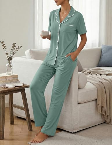Image of Womens Pajamas Sets 2 Piece Button Up Pj Sets Short Sleeve with Long Pant