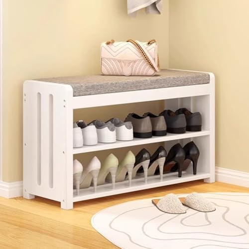 Meuble à chaussures en bois compact avec banc rembourré et deux étagères de rangement