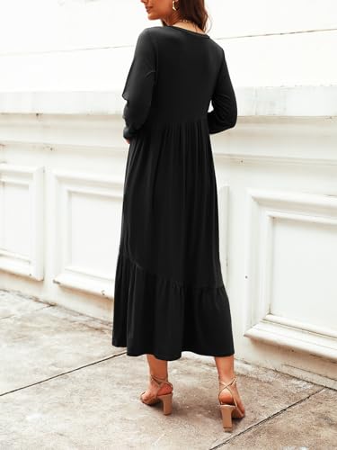 Image of Mieazom Women's Long Sleeves Maxi Dress Casual Loose Tiered Flowy Swing Beach Long Dresses with Pockets