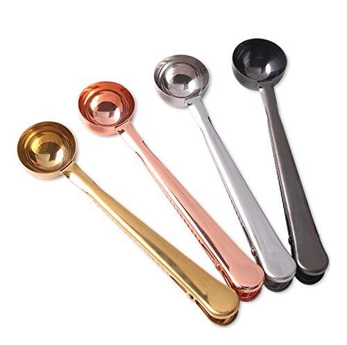 DUORUI Coffee Scoop Measuring Spoon with Bag Sealing Clip Stainless Steel Measurement Tool for Ground Coffee Liquid Flour Seasoning Milk Powder