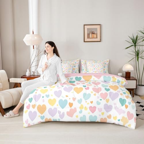 Image of Erosebridal Girls Heart Pattern 7 Piece Comforter Set Twin Rainbow Heart Bed in A Bag Kawaii Valentine Theme Bedding Sets for Kids Girls Cartoon Geometric Sheet Set with Comforter