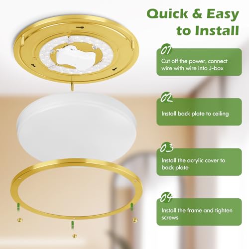 Image of GoBright 2-Pack Gold Flush Mount LED Ceiling Light Fixture, 12IN 2700K /3000K /3500K /4000K /5000K Adjustable Ceiling Lights, 3600lm Super Bright Dimmable Lighting for Bedroom Hallway Kitchen