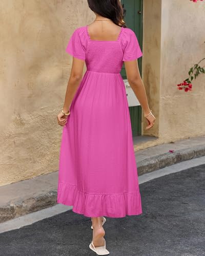 Image of BTFBM Womens Summer Dresses 2026 Casual Short Sleeve V Neck Drawstring Wedding Guest Maxi Dresses Boho Beach Long Dress