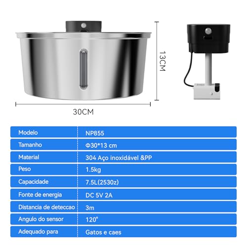 7.5L Bebedouro para Gatos, Bebedouro para Gatos Sem Fio,304 Aços Inoxidáveis Fonte de Agua pra Gato,