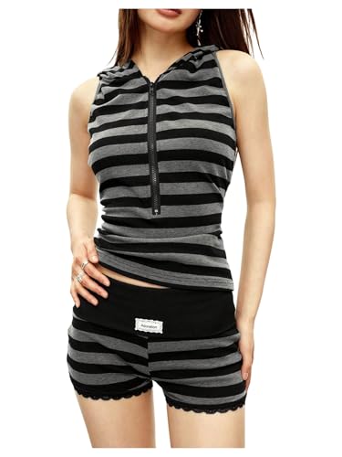 Floerns Women's 2 Piece Y2K Grunge Outfits Striped Sleeveless Hooded