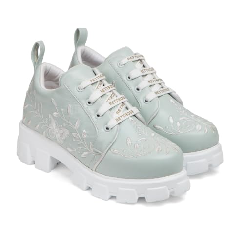 Image of Handcrafted Floral Lace Sneakers | Everyday Ethnic Fusion Footwear | Chunky Sole Mint Green