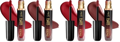 Image of FACES CANADA Comfy Matte Wow Liquid Lipstick - The Bold Edit, (3.8ml x 2) | Cocoa Crush 07 + Maroon Maven 05 | Long Lasting | Matte Finish | Lipstick Combo | Pack of 4