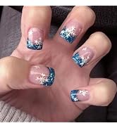 ZASKHLD Christmas Press on Nails Short Square Fake Nails with Blue Glitter French Tip Designs Glo...