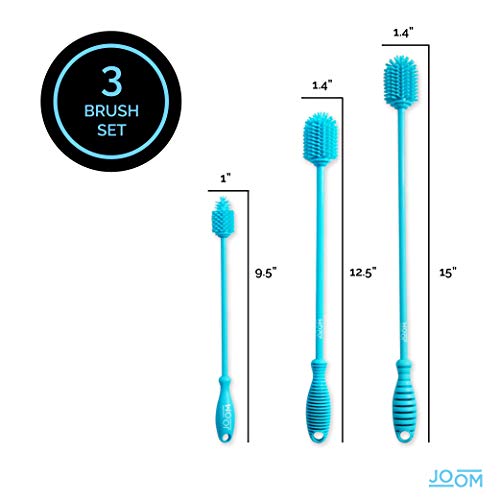 Silicone Bottle Brush Set of 3 Extra Long Handle Bottle Cleaning Brushes Ideal for Narrow Neck Containers, Vases, Water Bottles, Thermos, Hydro Flasks, Coffee Mugs, Tumblers, Baby Bottle Brush