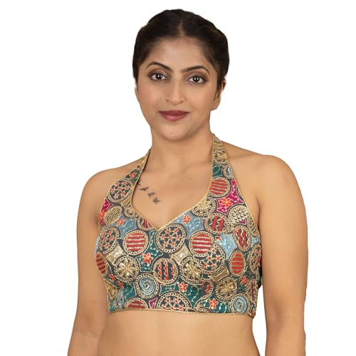 FIGURE'S DESIGNER Women's Sequin Gold Embroidered Halter Neck Sleeveless Readymade Saree Blouse Indian Zari Lace Ethnic Designer Stitched Top Padded (32, Grey)
