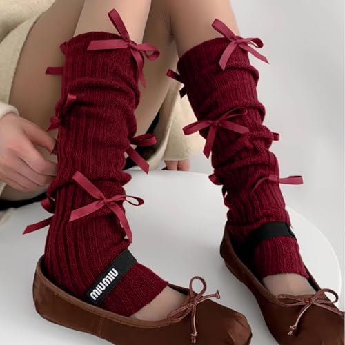 Image of Leg warmers Y2k Wind with bow lace-up knit Harajuku Kawaii leg warmers accessories 80's vintage high leg socks