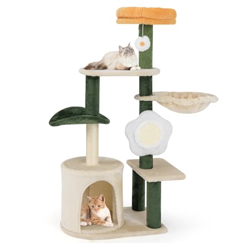 PETSITE 45 Inch Flower Cat Tree, Multi-Level Cat Tower with Scratching Posts, Flower-Shaped Sisal Scratching Board, Soft Perch, Side Basket, and Dangling Toy, Cute Cat Tree Tower for Indoor Cats