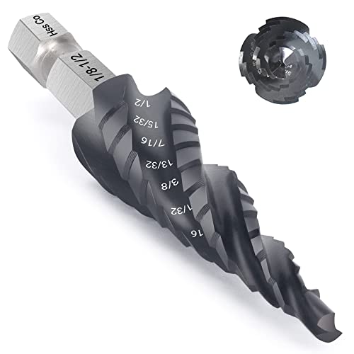 Mablevi XS003-13J M35 Four Spiral Flute Cobalt Step Drill Bit 1/8"-1/2", Wear-Resistant Tialn Coated 1/4 Inch Hex Shank Unibit Step Bit For Metal, Stainless Steel cover