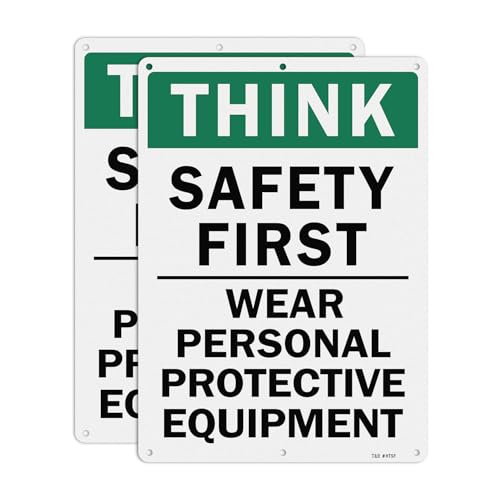 Image of T&R Large Think Safety First Sign Wear Personal Protective Equipment - 2 Pack - 14 x 10 Inches Rust Free .040 Aluminum Reflective - UV Protected, Waterproof and Fade Resistant - 6 Pre-drilled Holes